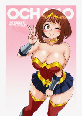 1girls adjusting_clothes belmont big_breasts big_hips big_thighs blush boku_no_hero_academia boots breasts brown-haired_female brown_eyes brown_hair brunette chestnut_hair choker cosplay curvy curvy_figure dc dc_comics female female_only hazel_eyes hips huge_breasts large_breasts long_boots miniskirt my_hero_academia nail_polish ochako_uraraka peace_sign pink_nails princess short_hair short_skirt skirt thick_thighs thighs tiara tugging_clothing v_sign voluptuous voluptuous_female wide_hips wink wonder_woman_(cosplay) wonder_woman_(series)