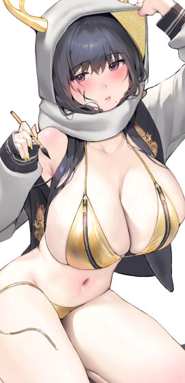 1girls absurd_res absurdres adult antlers bare_belly bare_chest bare_hands bare_hips bare_legs bare_midriff bare_navel bare_shoulders bare_skin bare_thighs belly belly_button bikini bikini_bottom bikini_only bikini_top black-haired_female black_hair black_jacket blush blushing_female breasts cleavage collarbone dot_nose elbows eyebrows_visible_through_hair female female_focus female_only fingernails fingers gold_bikini gold_bikini_bottom gold_bikini_top gold_fingernails gold_nail gold_nail_polish gold_string_bikini gold_swimsuit gold_swimwear groin half_naked high_resolution highres hoodie hourglass_figure inushima jacket large_breasts legs light-skinned_female light_skin lips long_hair looking_at_viewer mole mole_under_mouth nail nail_polish naked naked_female navel nude nude_female original original_art original_artwork original_character parted_lips purple-eyed_female purple_eyes pussy shiny_breasts shiny_hair shiny_legs shiny_shoulders shiny_skin shiny_thighs shoulders simple_background sitting slender_body slender_waist slim_female slim_waist solo string_bikini swimsuit swimwear thick_thighs thighs thin_waist upper_body v-line white_background white_hoodie wide_hips