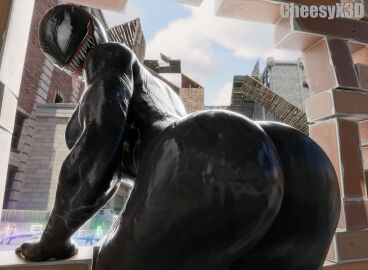ass bent_over big_ass big_breasts big_butt black_body breasts bubble_ass bubble_butt cheesyx3d female fortnite leaning_forward looking_at_viewer looking_back marvel marvel_comics muscular muscular_female she-venom smile solo symbiote tongue tongue_out