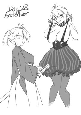 1girls alternate_costume arcueid_brunestud big_breasts blonde_hair breasts cleavage cosplay curvy curvy_figure dress exercise_clothing female huge_breasts jonyeld katana melty_blood pantyhose ponytail posing red_eyes samurai samurai_outfit sketch smile tagme thick_thighs top_heavy tsukihime type-moon