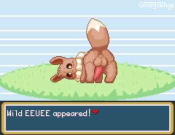 animal_genitalia animal_penis animated anus backsack balls ballsack blush bouncing_balls brown_body brown_fur digital_media_(artwork) eevee feral fur generation_1_pokemon genitals gooeythings looking_at_viewer male mane nintendo penis pixel_(artwork) pixel_animation pokemon pokemon_(species) signature solo tail text_box white_mane