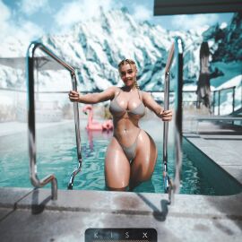 1girls 3d absurd_res absurdres belly_button_piercing bikini bikini_bottom bikini_top blonde_hair braid breasts detailed_background female female_focus female_only hi_res high_resolution highres kisxsfm large_breasts mountain outdoors pool pool_ladder smile sofia_(kisx) solo solo_focus thick_thighs thighs water wide_hips