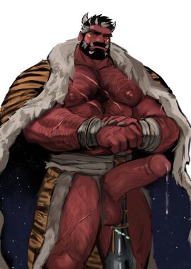 1boy 2_horns asian_mythology balls bara big_penis bodily_fluids body_hair chest_hair demon demon_horns dopq earring east_asian_mythology fangs gay genital_fluids genitals hi_res horn humanoid humanoid_pointy_ears japanese_mythology leaking_precum male male_only muscular muscular_humanoid muscular_male muscular_only mythology nipples oni partially_clothed penis precum red_body red_oni red_skin scar solo teeth tiger_print vein veiny_penis yaoi youkai
