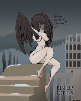 4:5 absurd_res anthro arttukorppu avian bedroom_eyes bird breasts corvid corvus_(genus) crow crow_demon dark_souls dark_souls_2 english_text feathers female fromsoftware heart_symbol hi_res narrowed_eyes non-mammal_breasts ornifex oscine passerine seductive smile solo text