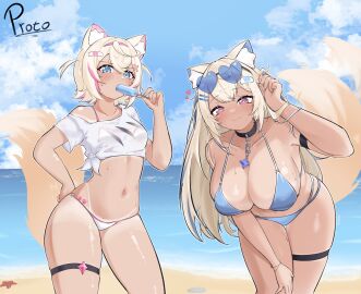 2d_(artwork) 2girls alternate_costume animal_ears animal_tail belly_button bikini bikini_bottom bikini_top blonde_hair blue_bikini_bottom blue_bikini_top blue_eyes blue_swimsuit breasts clouds day female female_only front_view fuwamoco fuwawa_abyssgard hololive hololive_english hololive_english_-advent- kemonomimi long_hair looking_at_viewer mococo_abyssgard navel ocean outdoors p_protocoll pink_bikini_bottom pink_bikini_top pink_eyes pink_swimsuit popsicle proto revealing_swimsuit short_hair sky slim_female small_breasts smiling smiling_at_viewer standing summer sunglasses sunglasses_on_head swimsuit tan tan_lines thong thong_bikini tied_shirt two_piece_swimsuit virtual_youtuber vtuber vtuberfanart water