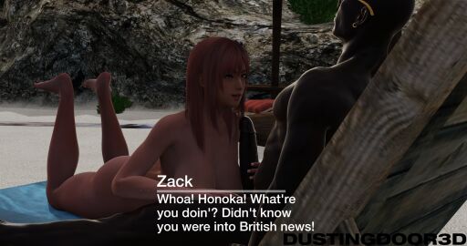 1boy 1girls 3d 3d_(artwork) beach caption couple dark-skinned_male dark_skin dd3d dead_or_alive english english_text female handjob honoka_(doa) male outdoors outside sand tagme zack_(dead_or_alive)