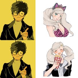 1boy 2girls ann_takamaki big_breasts bimbo blue_eyes breasts cat_ears closed_eyes clothing cognitive_ann crepe crown female glasses joker_(persona) leopard_print leopard_print_bikini looking_at_viewer male meme meme_reference persona persona_5 persona_5_royal platinum_blonde_hair ren_amamiya school_uniform shin_megami_tensei smile smiling tied_hair twintails
