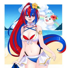 1girls @_@ absurdres alear_(female)_(seaside_dragon)_(fire_emblem) alear_(fire_emblem) alear_(fire_emblem)_(female) alternate_costume beach bikini blue_bikini blue_eyes blue_hair blue_sky blue_swimsuit breasts cleavage cloud cloudy_sky criss-cross_halter crossed_bangs female female_only fire_emblem fire_emblem_engage fire_emblem_heroes flower front-tie_bikini_top front-tie_top gold_armlet hair_flower hair_ornament halterneck heterochromia highres korachan01 large_breasts long_hair multicolored_bikini multicolored_clothes multicolored_hair multicolored_swimsuit nintendo ocean official_alternate_costume official_alternate_hairstyle rainbow red_bikini red_eyes red_flower red_hair red_swimsuit sky solo sommie_(fire_emblem) split-color_hair swimsuit two-tone_hair very_long_hair white_bikini white_swimsuit yellow_flower