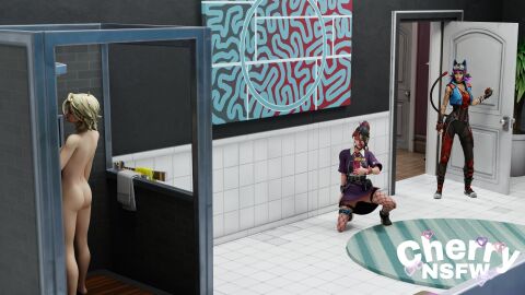 3d 3girls ass cherrynsfw female fortnite helsie_(fortnite) joni_(fortnite) multiple_females multiple_girls nude partially_clothed renegade_lynx shower