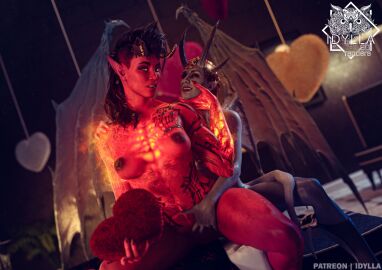 2girls 3d areolae athletic athletic_female baldur's_gate baldur's_gate_3 blurry_background breasts demon demon_girl demon_horns demon_wings detailed_background dungeons_and_dragons female female_focus female_only fit fit_female grey_skin idylla karlach large_breasts long_ears mizora nipples pointy_ears red_skin romantic_couple tiefling valentine wings wizards_of_the_coast yuri