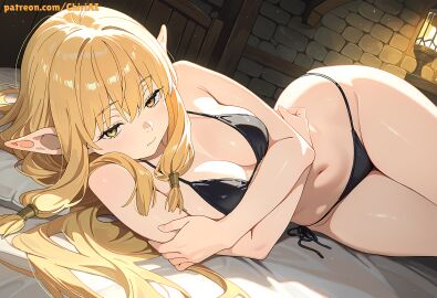 1girls ai ai_generated anime anime_style bikini black_bikini blonde_hair blush breasts chiriai elf elf_ears embarrassed frieren_beyond_journey's_end high_resolution highres legs_together looking_at_viewer on_bed on_side patreon patreon_username self_hug serie_(sousou_no_frieren) sousou_no_frieren string_bikini thick_thighs
