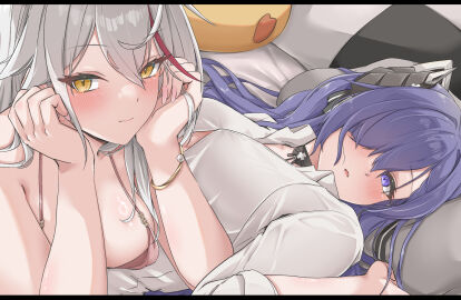 2girls aegir_(azur_lane) aegir_(one-on-one_leisure_time)_(azur_lane) alternate_costume august_von_parseval_(azur_lane) august_von_parseval_(the_unhulde's_midday_respite)_(azur_lane) azur_lane black_choker black_horns blush bracelet breasts cg choker cleavage collared_shirt female hair_between_eyes hair_over_one_eye horns jewelry large_breasts long_hair looking_at_viewer lying mechanical_horns multicolored_hair multiple_females multiple_girls on_back pillow purple_eyes purple_hair red_hair shirt streaked_hair two-tone_hair white_hair white_shirt yellow_eyes