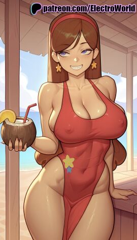 1girls 2025 ai_generated artist_name beach beer_mug blue_eyes braces breasts brown_hair bust chest covered_nipples drinking_straw earrings electroworld english_text female gravity_falls hairband hi_res high_quality high_resolution highres jewelry mabel_pines patreon patreon_username pelvic_curtain sitting skin_tight skin_tight_dress smile solo stable_diffusion star_(symbol) star_earrings starfish watermark