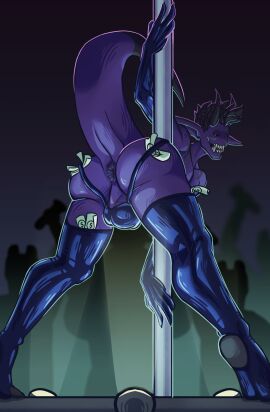 anthro anus ass balls clothing crazmax creepy dancing demon digital_media_(artwork) genitals hair handwear hi_res horn humanoid imp latex latex_clothing latex_handwear latex_legwear legwear looking_at_viewer male male_only money nightclub nude penis simple_background smile smiley_face solo striptease tail ugly