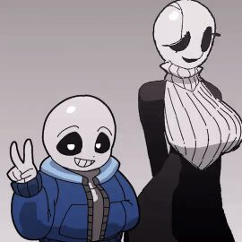 1boy 1boy1girl 1girls accidental_circumstance animated big_breasts breast_attack breasts breasts_bigger_than_head deltarune fem_gaster female female_focus gaster huge_breasts looking_at_viewer male n_t_h1 rule_63 sans simple_background sweater tagme turtleneck turtleneck_sweater undertale undertale_(series) v_sign whiplash2587