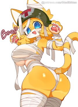 anthro anthro_female anthro_only ass big_breasts blue_eyes breasts covering_breasts domestic_cat female furry furry_female furry_only hair halloween halloween_costume helmet kat_kitt katie_(kat_kitt) mummy_costume mummy_wrappings oc original original_character tail tails