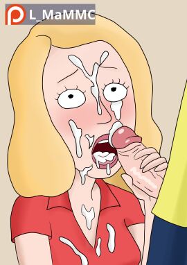after_fellatio beth_smith blonde_female blonde_hair blushed cum_in_mouth cum_on_blouse cum_on_face cum_on_shirt cum_on_tongue digital_drawing drawing female holding_penis krita l_mammc male morty_smith open_mouth penis penis_in_hand red_blouse rick_and_morty watermark