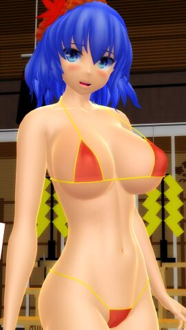 1girls 2025 3d big_breasts bikini blue-eyed_female blue-haired_female blush breasts clavicle cleavage deity female female_only hati_yukkuri_mmd headpiece headwear hips interior_background jpeg kanako_yasaka light-skinned_female midriff mmd navel open_mouth red_bikini short-haired_female shrine swimsuit touhou waist