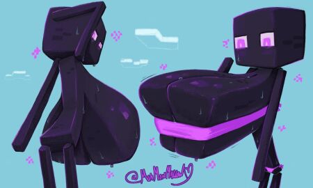 1girls artist_signature back_boob barely_contained big_breasts bikini black_body breasts breasts_bigger_than_head breasts_bigger_than_torso bursting_breasts cleavage covered_nipples enderman enderwoman female glowing_eyes hand_behind_head huge_breasts looking_back minecraft mojang monmonmallow motion_lines overflowing_breasts purple_eyes sagging_breasts slight_blush solo square_body square_breasts square_head strapless strapless_bikini sweat sweaty thin thin_waist top_heavy