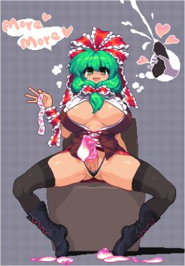 1futa 2019 aliasing big_breasts boots breasts cleavage clothed clothing condom condom_on_penis condom_wrapper cum cum_in_condom erection filled_condom front_ponytail futa_only futa_sans_balls futanari green_hair hair_ribbon heart heart-shaped_pupils human intersex kagiyama_hina legs legs_apart light-skinned_futa light_skin mostly_nude namako_(takorin) open_mouth penis pixel_art ribbon sitting skindentation solo speech_bubble takorin text thighhighs thighs touhou