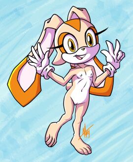 1girls 2020s 2023 animal_ears anthro bare_hips bare_legs bare_shoulders barefoot blue_background brown_eyes collarbone completely_nude cream_the_rabbit cub female flat_chest full_body furry furry_female gloves gluteal_fold hi_res klaytitan long_ears looking_at_viewer mobian_(species) navel nipples nude nude_female open_mouth pussy rabbit_ears rabbit_humanoid rabbit_tail sega signature smile solo sonic_(series) standing stomach tail toes v white_gloves young