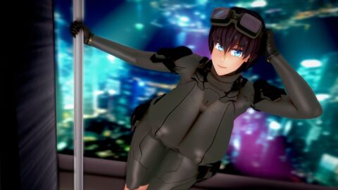 3d 3d_render big_breasts blue_eyes bodysuit breasts female goggles goggles_on_head huge_breasts kaori_hawagase koikatsu original original_character pole short_hair solas_(artist) solo spy