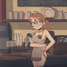 1girls apron barista black_eyes blush brown_hair earrings female female_artist glasses hand_on_hip hoop_earrings julie_powers kt-draws money naked_apron nude nude_female partially_clothed ponytail scott_pilgrim short_hair solo solo_female sweat workplace