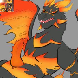 animal_genitalia animal_penis cracked_skin dark_skin dragon dragon_city fire focus_on_penis grey_body horns male male_focus male_only mythological_creature non-human non-human_only penis red_eyes sharp_teeth simple_background wings yellow_sclera