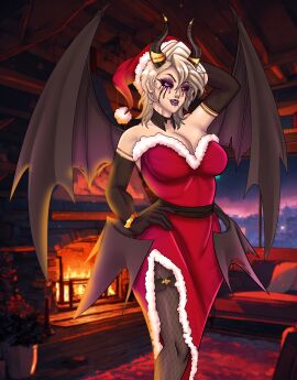 arm_behind_head black_eyeliner black_sclera breasts chin_piercing christmas christmas_clothing christmas_outfit clothed deathblooms demon demon_girl demon_horns demon_tail female fireplace fishnet_legwear hand_on_hip large_breasts lavender_hair lavender_skin non_nude nose_piercing purple_eyes santa_costume santa_hat short_hair virtual_youtuber vtuber