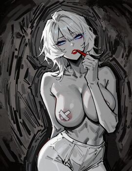 1girls atris2nd big_breasts blue_eyes breasts faust_(limbus_company) female limbus_company lipstick looking_at_viewer nipples open_mouth partially_clothed pasties project_moon short_hair solo thick_thighs topless white_hair x_pasties