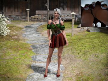 3d ass cd_projekt_red ciri cirilover1 female green_eyes high_heels light-skinned_female light_skin looking_at_viewer low-angle_view mascara scar skirt solo solo_female sword the_witcher_(series) the_witcher_3:_wild_hunt thong white_hair witcher_medallion