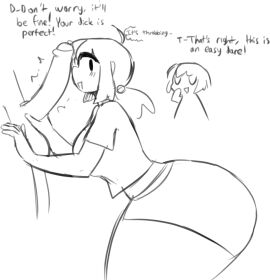 1girls 2boys big_breasts big_penis breasts cucking cuckold female imminent_sex lost_bet male megadingus netorare ntr penis penis_awe ponytail short_hair story wide_hips