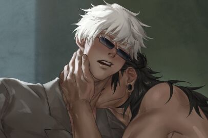 2boys before_sex black_hair blush clothed_sex couple echoei3 gay hand_on_neck handles jujutsu_kaisen kissing kissing_neck love male muscular muscular_male piercing satoru_gojo shirt_lift sucking suguru_geto sunglasses surprised surprised_expression white_hair yaoi