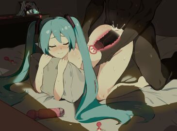 2boys all_fours ass bastard bed bedroom blue_hair blush closed_eyes closed_mouth completely_nude condom cum cum_in_pussy cum_on_ass cum_on_body cum_overflow dark-skinned_male dark_skin doggy_style ejaculation female full_body hatsune_miku highres hugging_object indoors interracial kneeling long_hair male multiple_boys multiple_males netorare nose_blush nude open_mouth panties photo_(object) pillow pillow_hug pussy rea_loixacra romaji_commentary sex_from_behind sex_toy smile solo_focus straight torso_grab twintails underwear unworn_panties used_condom uterus vaginal_penetration very_long_hair vibrator vocaloid walk-in