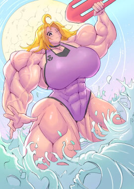 abs breasts_bigger_than_head child_bearing_hips choker concentration expecting eye_scar grabbing_object huge_arms huge_ass huge_breasts hyper_muscles liv_(raranana) long_hair looking_at_viewer moon moonlight muscular_arms muscular_female muscular_legs night night_sky raranana sea swimsuit veiny_muscles wave