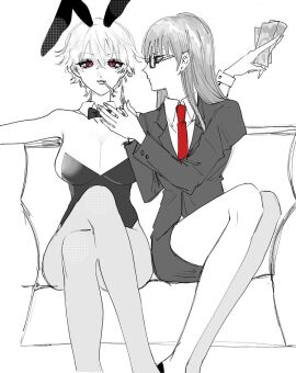 2girls alternate_costume big_breasts bowtie breasts bunny_ears bunny_girl bunnysuit business_suit business_woman canon_genderswap cigarette cleavage crossed_legs detached_collar dollar_bills female female_only genderswap genderswap_(mtf) ginko_sakata gintama gintoki_sakata glasses leotard lighter lighting_cigarette long_hair looking_at_viewer money office_lady og2_c2 pantyhose playboy_bunny red_eyes rule_63 sarutobi_ayame short_hair sitting smoking sofa spot_color suit suit_and_tie very_short_hair yuri