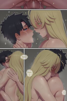 1boy 1girls ahoge artoria_pendragon artoria_pendragon_(fate) artoria_pendragon_(lancer) artoria_pendragon_(lancer)_(fate) bad_source big_breasts black_hair blonde_hair braid breasts duo english_text fate/grand_order fate_(series) female french_braid fujimaru_ritsuka_(male) green_eyes highres kissing kissing_while_penetrated large_breasts light-skinned_female light-skinned_male light_skin long_hair lvl_(sentrythe2310) male passionate pussy sex short_hair sidelocks speech_bubble straight uncensored vaginal_penetration