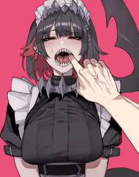 1boy 1girls absurdres bite_mark black_hair blush breasts clothed colored_inner_hair drooling ellen_joe excessive_saliva female finger_in_another's_mouth finger_in_mouth fins fish_tail fishhooking hair_between_eyes hair_ornament hairclip hands highres hoyoverse large_breasts light-skinned_male light_skin looking_at_viewer maid maid_headdress male medium_breasts mihoyo mole mole_under_eye mouth_hold mouth_pull multicolored_hair open_mouth oral_invitation pov pov_eye_contact ratatatat74 red_background red_eyes red_hair ringed_eyes saliva saliva_drip shark_tail sharp_teeth short_hair sidelocks simple_background smile solo_focus spread_mouth steam suggestive_fluid sweatdrop tail teeth throat tongue tongue_out upper_body veins victoria_housekeeping zenless_zone_zero