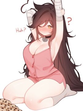 1girls armpits arms_up big_breasts blush breasts brown_hair choker cookies curious female heart_choker indie_virtual_youtuber large_breasts long_hair one_eye_closed sitting sky_(skyaboveme) skyaboveme text thighs thighs_together tired_eyes virtual_youtuber white_background