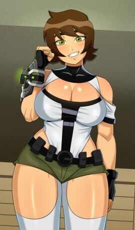 1girls 2024 2d 2d_(artwork) aged_up ben_10 ben_10000 ben_10_(classic) ben_tennyson big_breasts breasts brown_hair cleavage clothed clothed_female donchibi female female_ben female_only fingerless_gloves green_eyes heroine human human_only jen_tennyson large_breasts leggings looking_at_viewer omnitrix rule_63 short_hair short_shorts smiling_at_viewer solo thighhighs
