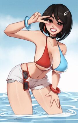 beach bikini bikini_top black_hair bracelet breasts brown_eyes choker cleavage evie_(fortnite) eyewear_removed female fortnite fortnite:_battle_royale hair_clip magaska19 panties_visible red_lipstick shorts sunglasses sunglasses_removed thong_straps water