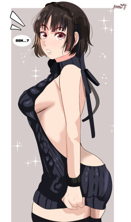 1girls big_ass breasts brown_hair butt dress female karbuitt looking_at_viewer makoto_niijima meme meme_attire persona persona_5 red_eyes side_view sideboob solo surprised sweater sweater_dress thick_thighs thighhighs virgin_killer_sweater