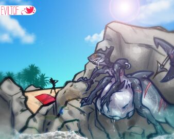 2_penises andromorph anthro beach bodily_fluids clothing cum cum_string digital_media_(artwork) erection eviltqf fan_character fish genital_fluids genitals hiding human humanoid intersex male mammal marine multi_genitalia multi_penis oral_vore penis public saliva saliva_string sex shark solo trans_(lore) trans_man_(lore) unaware_prey unwilling_prey vore