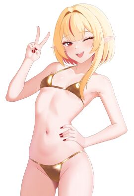 1girls 2d 2d_(artwork) alternate_costume alternate_hairstyle belly_button bikini bikini_bottom bikini_top blonde_hair blush breasts covered_nipples dsuzu eternals_(idol_corp) fanart fanart_from_twitter female female_focus female_only front_view golden_bikini_bottom golden_bikini_top golden_swimsuit high_resolution highres idol_corp idol_es latam_virtual_youtuber light-skinned_female light_skin looking_at_viewer one_eye_closed petite petite_body petite_female pointy_ears red_eyes red_hair red_nails ruby_runeheart short_hair simple_background slim_female small_breasts smiling_at_viewer solo solo_female solo_focus standing swimsuit thong thong_bikini two-tone_hair two_piece_swimsuit virtual_youtuber vtuber vtuberfanart white_background young younger_female