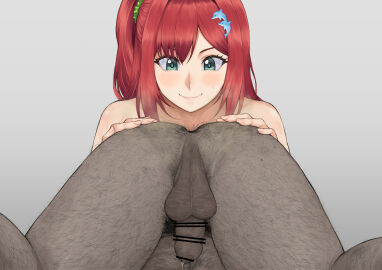 1boy 1girls alternate_version_available anus balls censored dark-skinned_male dark_skin dolphin_wave excited female flaccid green_eyes hair_ornament hairy hairy_anus hairy_male imminent_rimming impending_sex interracial leaking_precum light-skinned_female light_skin male male_ass no10_direct penis precum_drip red_hair rimjob rimming sakimiya_iruka side_ponytail steaming_body