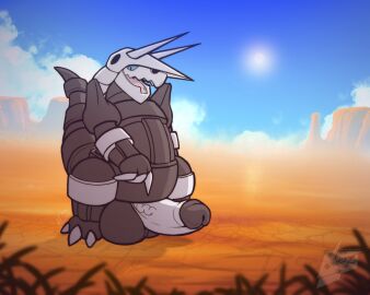 aesopp aggron aroused balls big_balls big_penis desert erection generation_3_pokemon genitals gesture hand_gesture hi_res horn huge_balls huge_cock hyper hyper_balls hyper_genitalia hyper_penis inviting inviting_to_sex looking_at_viewer male male_only nintendo penis pointing pointing_at_penis pokemon pokemon_(species) solo solo_male sun tail thick_penis