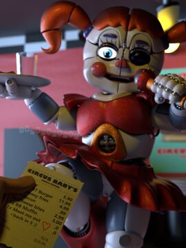 1boy 1girls 3d accurate_art_style accurate_model animatronic baby_(fnafsl) blue_eyes circus_baby circus_baby_(fnaf) circus_baby_(original) female five_nights_at_freddy's five_nights_at_freddy's:_sister_location full_color g0g0g0g0g0g human male microphone no_panties no_penetration orange_hair pussy red_skirt robot robot_girl robot_humanoid skirt text twintails upskirt vagina wink winking