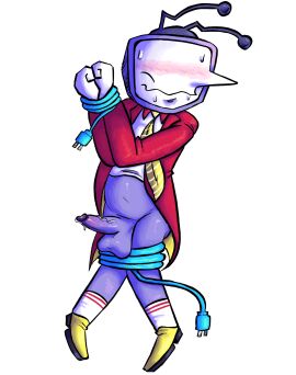 absurd_res animate_inanimate antenna_wire balls blush bodily_fluids bound clothing darkner deltarune deltarune_chapter_3 electrical_cord electrical_plug electronics footwear for_a_head genital_fluids genitals hi_res humanoid male necktie nervous object_head penis precum red_clothing red_suit screen screen_face socks solo solo_male suit sweat television tenna_(deltarune) unknown_artist vein yellow_necktie