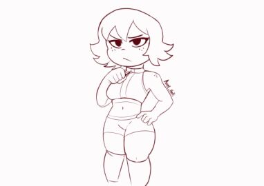 1girls andrehell animated axel_hell bare_shoulders breasts exposed_breasts female female_only freckles freckles_on_face freckles_on_shoulders hand_on_hip kim_pine monochrome partially_clothed presenting presenting_breasts scott_pilgrim short_hair solo solo_female sportswear undressing unzipped