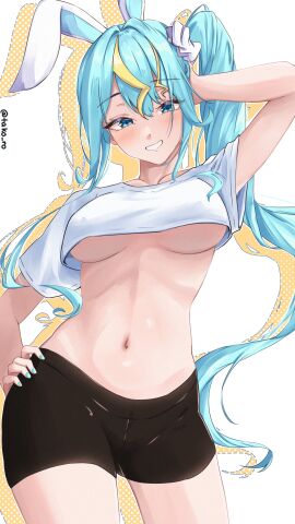 1girls blue_hair breasts bunny_ears female kaminari_clara phase_connect phase_connect_jp phase_kaleido shorts side_ponytail smile takoroki underboob virtual_youtuber